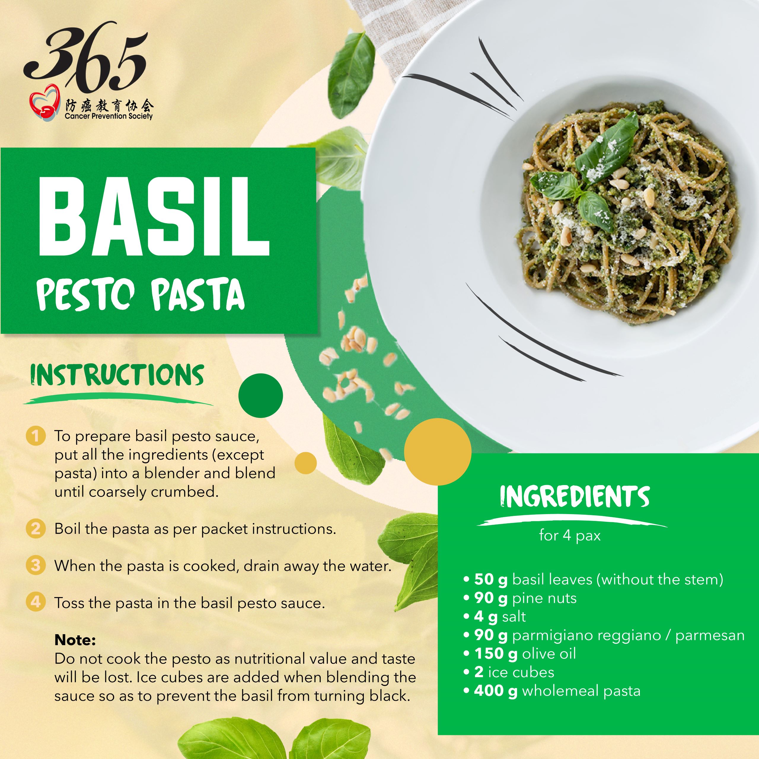 Basil Pesto Pasta 365 Cancer Prevention Society